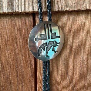 1980's Vintage Hopi Sterling Silver Overlay Bear Bolo Tie - 1 7/8 in Diameter